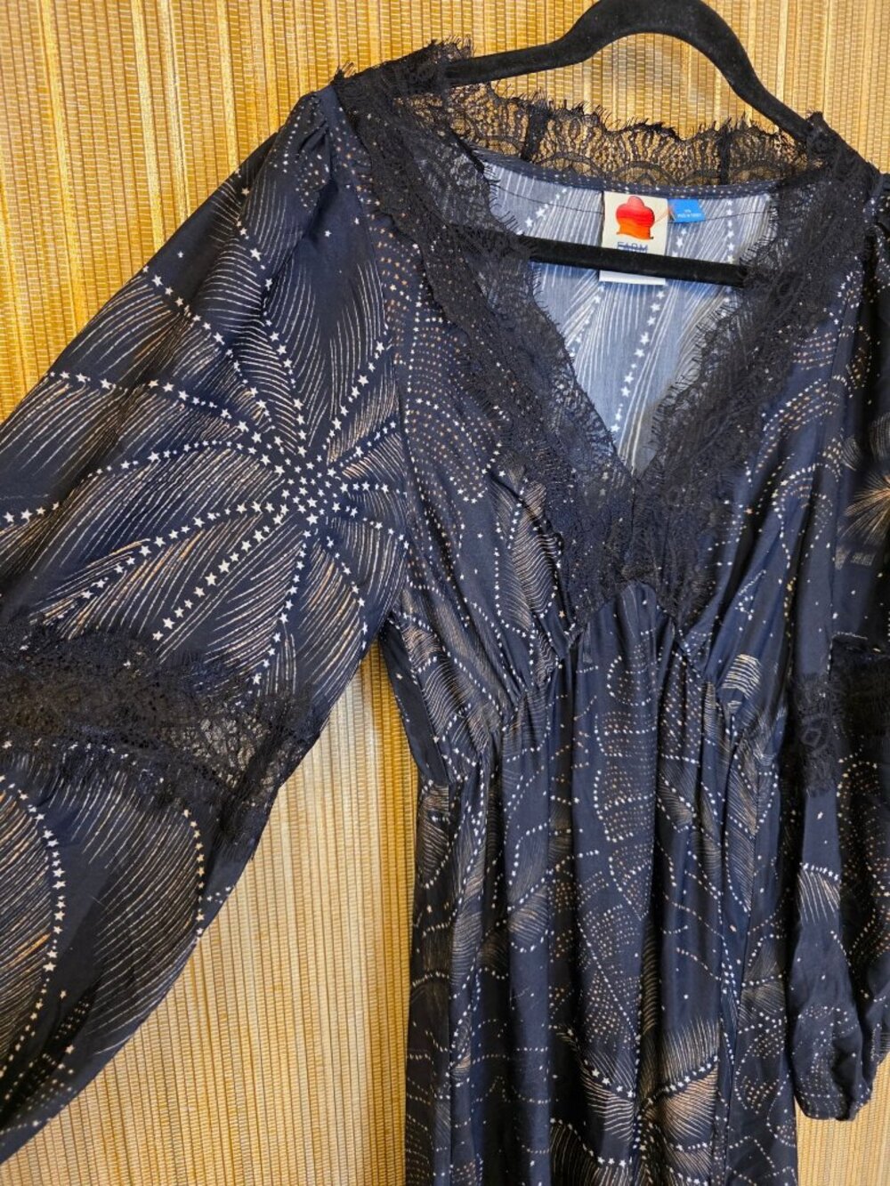 Farm Rio Anthropologie XS Black Metallic Tropical Print Midi Dress Balloon Stars - Picture 5 of 11
